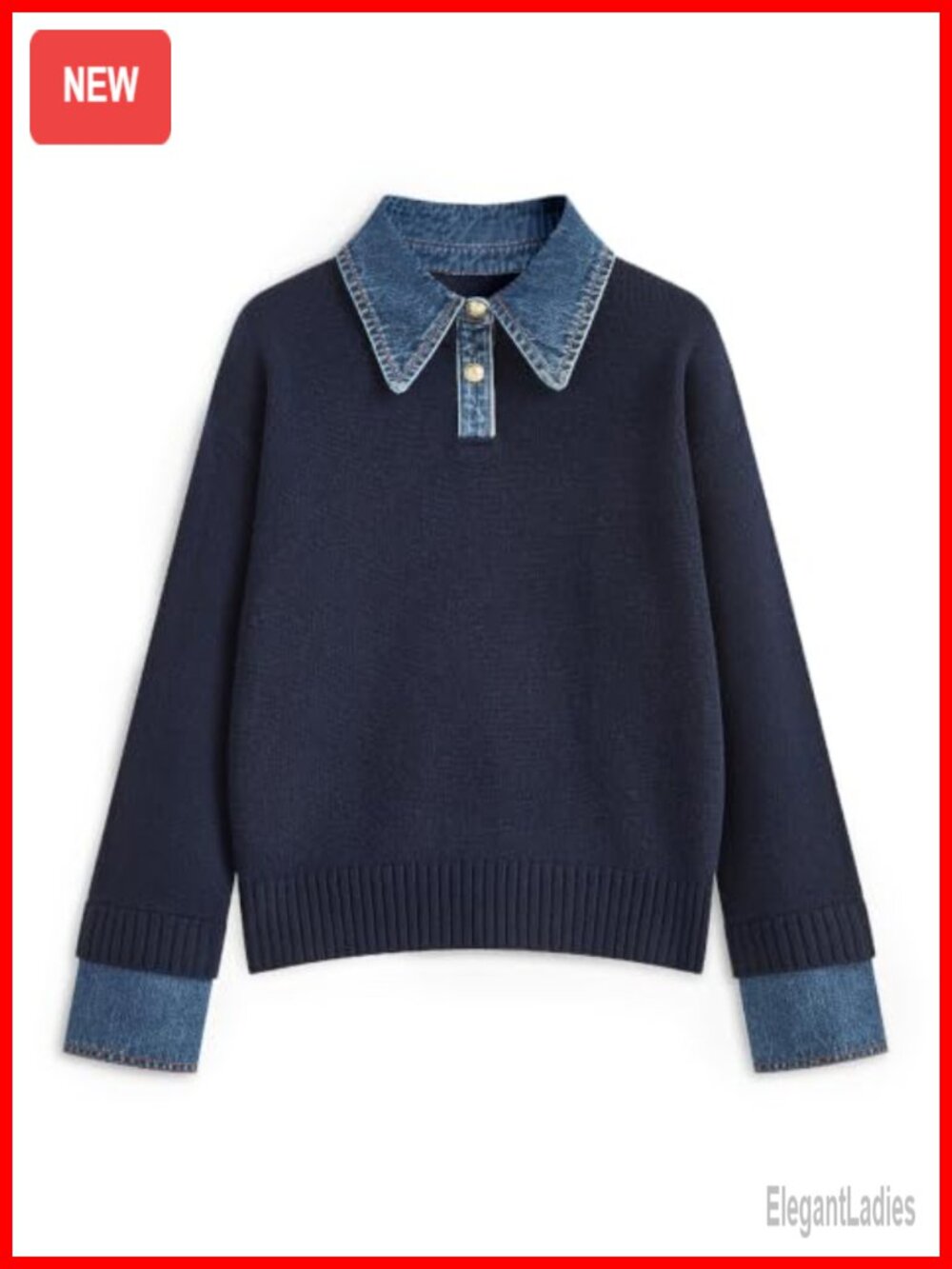 Womens Oversized Knit Sweater Denim Lapel Polo Collared Pullover